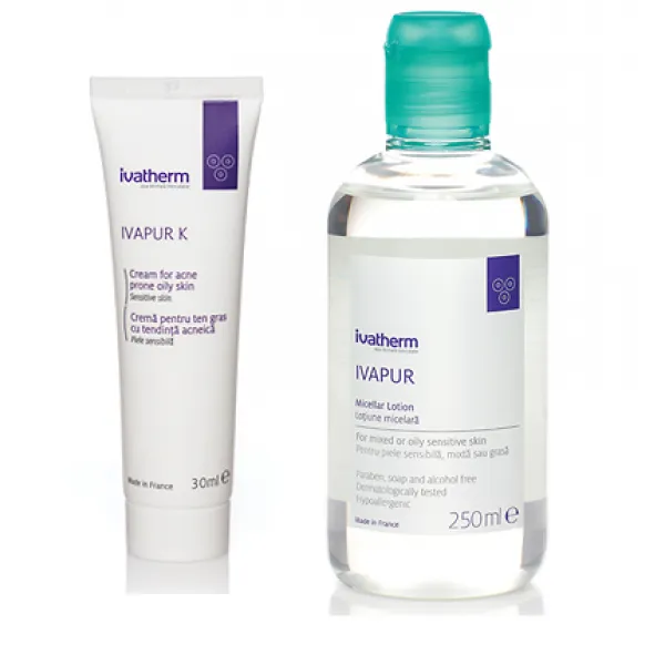 IVATHERM Pack Crema pentru ten gras cu tendinta acneica Ivapur K 30 ml  Lotiune micelara Ivapur 250 ml (75% reducere)
