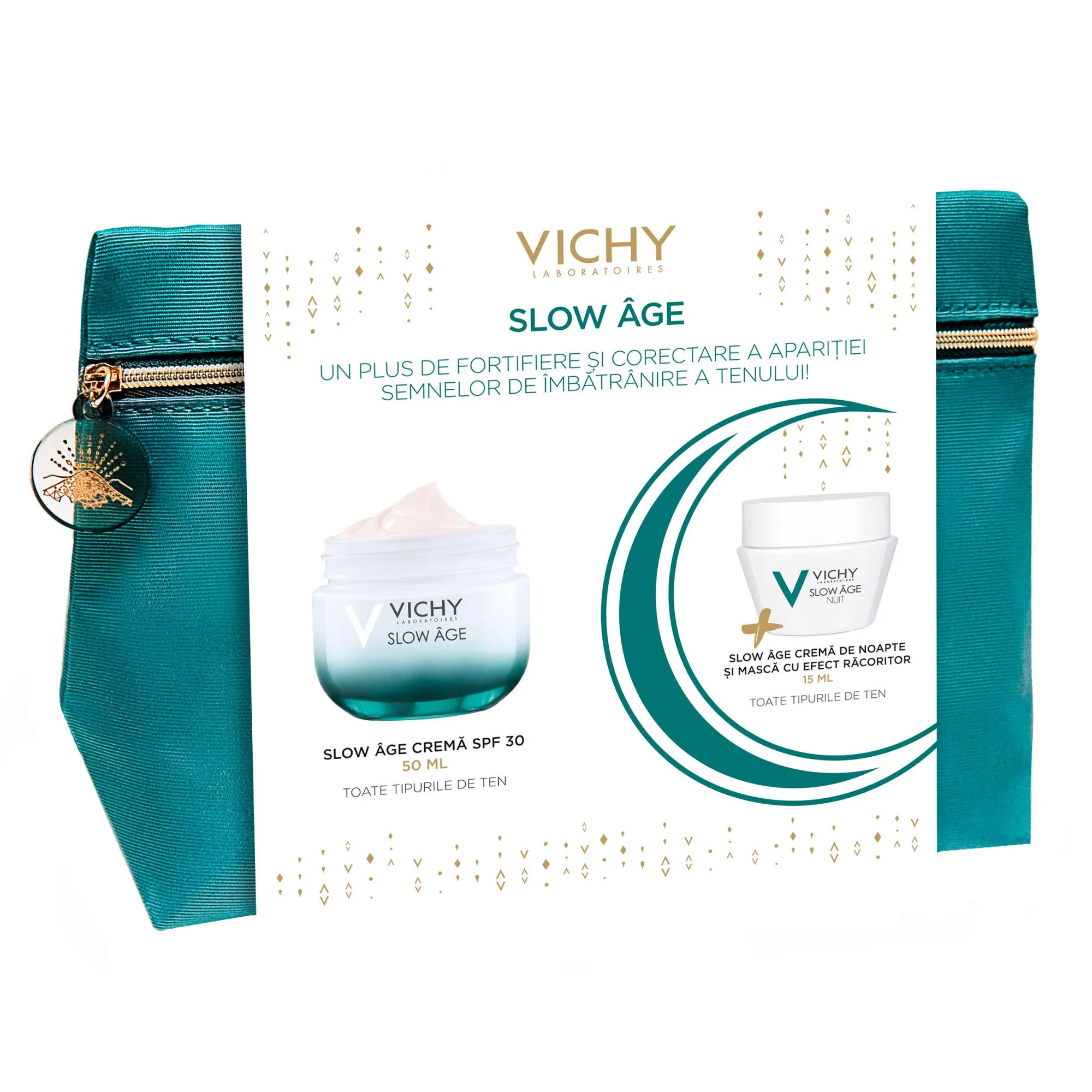 Pachet Vichy Crema Slow Age pentru toate tipurile de ten, 50ml + Crema de noapte si masca efect racoritor Slow Age, 15 ml