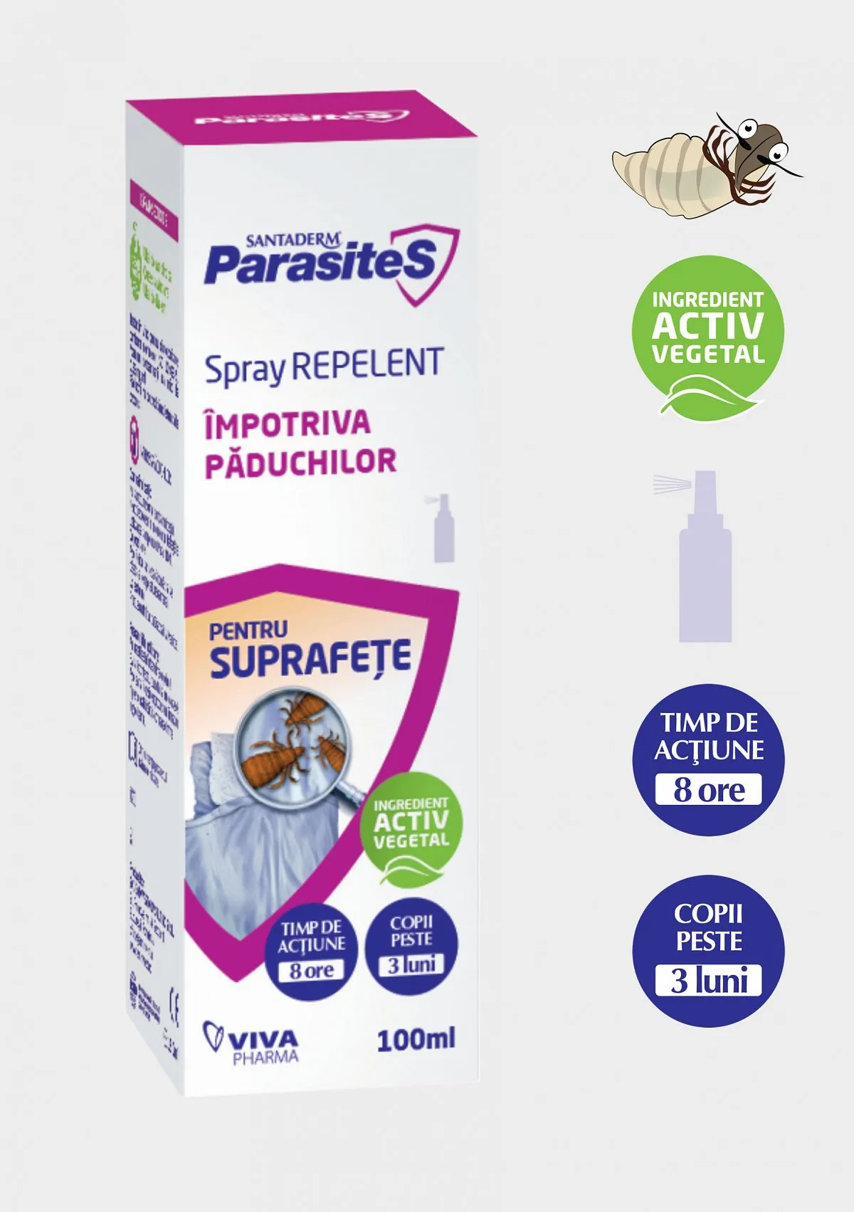 Spray repelent pentru piele si haine impotriva paduchilor Santaderm, 100 ml, Viva Pharma