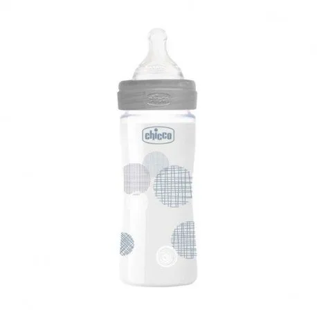 Chicco Wellbeing Biberon sticla 240 ml, tetina silicon, flux lent, unisex, 0luni+