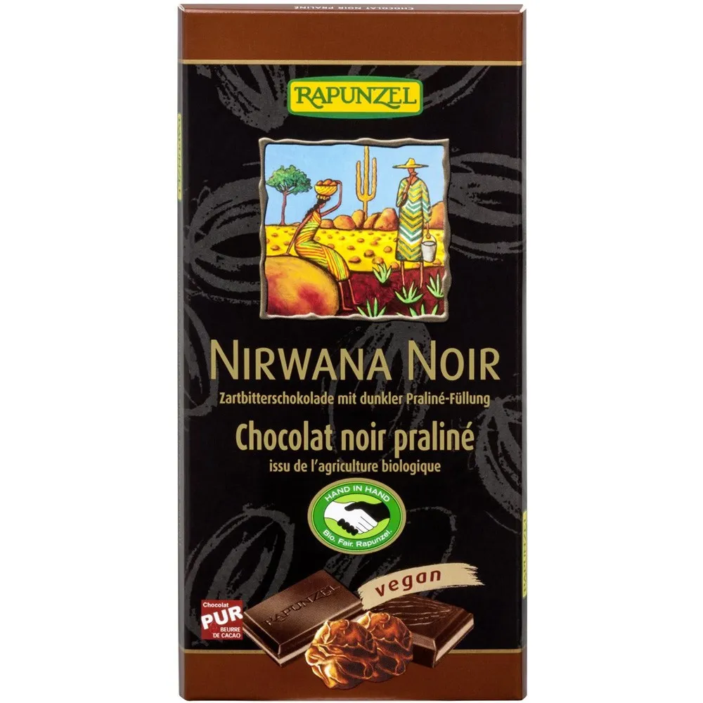 Ciocolata eco neagra Nirwana cu praline, 100g, Rapunzel