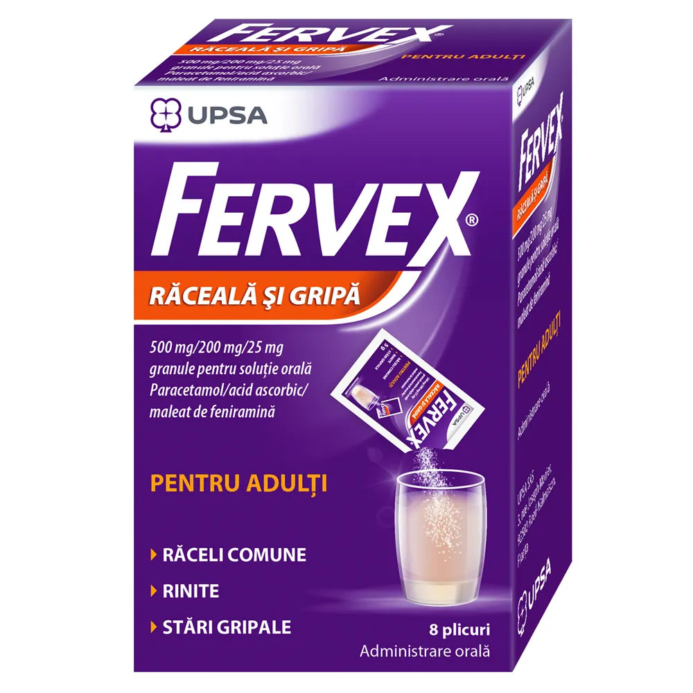 Fervex  pentru adulti, 500mg/200mg/25mg, 8 plicuri, Upsa