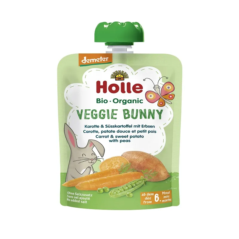 Piure Veggie Bunny de morcovi, cartofi dulci si mazare, 100g, Holle