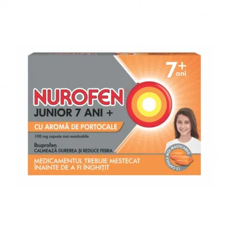 NUROFEN JUNIOR 7 ANI+ CU AROMA DE PORTOCALE 100 mg x 12 CAPS. MOI MASTICABILE 100mg RECKITT BENCKISER  R