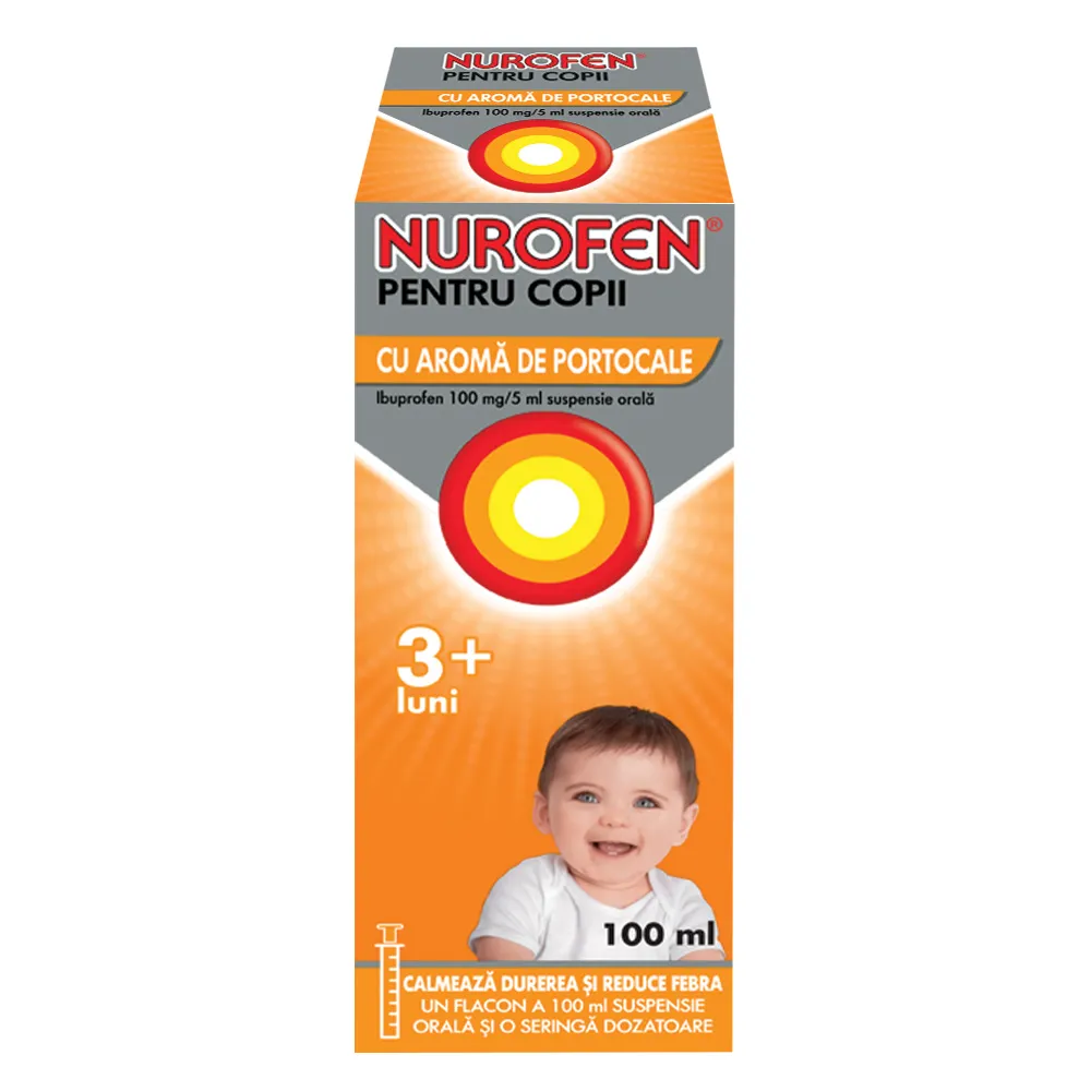 Nurofen 100 mg pentru copii 3 luni aroma de portocale, 100 ml, Reckitt Benckiser Healthcare