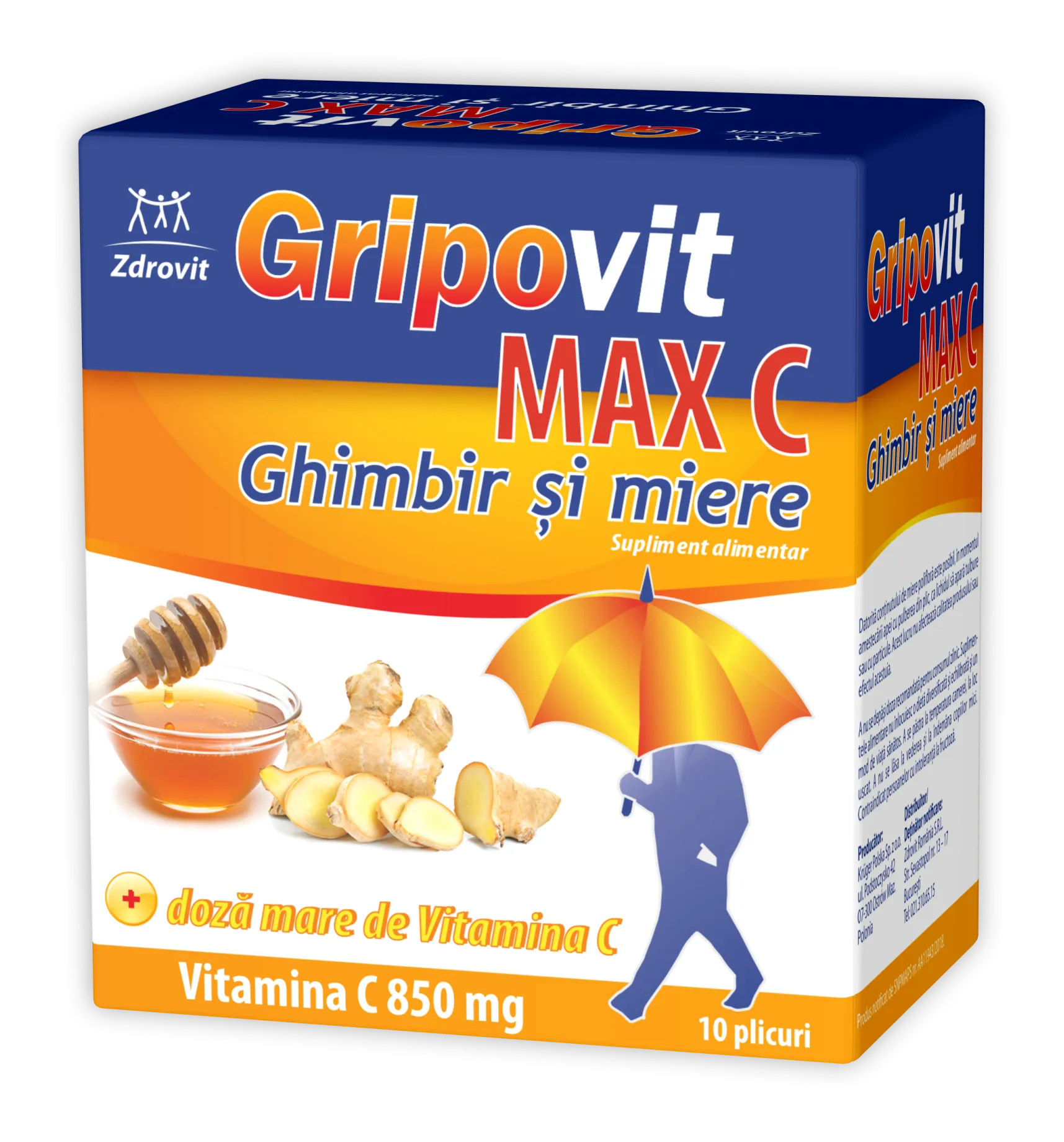 Gripovit Max C ghimbir și miere, 10 plicuri, Zdrovit