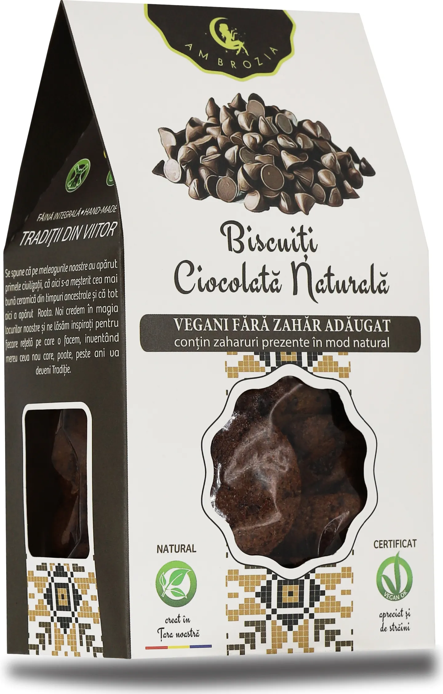 Biscuiti vegani cu ciocolata naturala fara zahar, 150g, Ambrozia