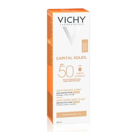 Crema colorata anti-pete pigmentare cu protectie solara SPF 50+ pentru fata Capital Soleil, 50 ml, Vichy