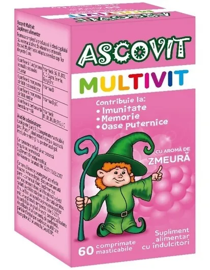 ASCOVIT MULTIVIT ZMEURA 60 COMPRIMATE MASTICABILE