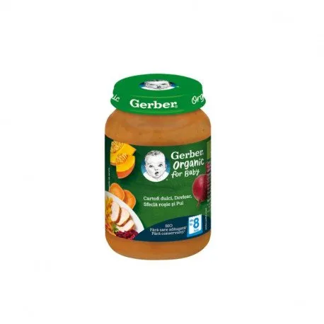 Gerber Bio Piure cartofi dulci, dovleac, sfecla rosie, pui, 190g