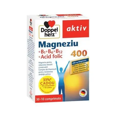 DOPPELHERZ AKTIV MAGNEZIU 400 + VITAMINELE B1 + B6 + B12 + ACID FOLIC 30 COMPRIMATE + 10 COMPRIMATE CADOU