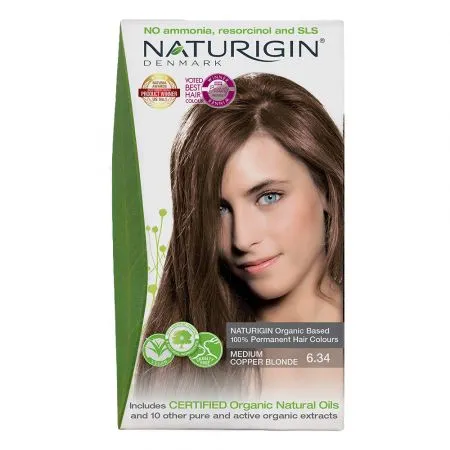 Vopsea pentru par nuanta 6.34 blond mediu aramiu, 115 ml, Naturigin