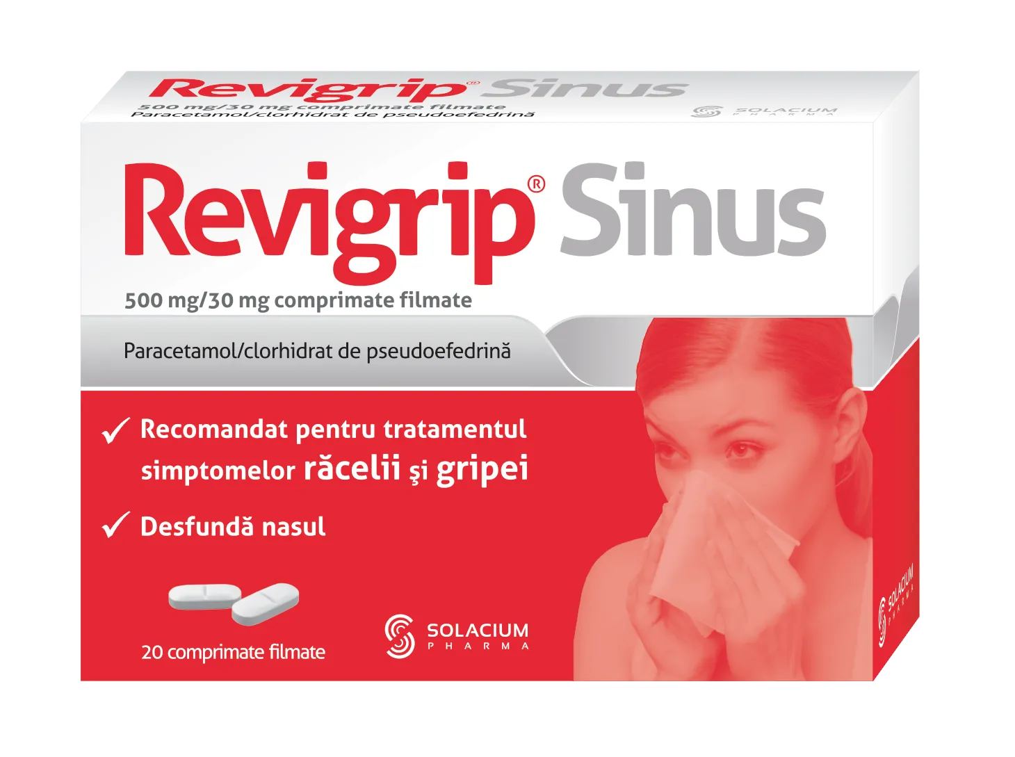 Revigrip Sinus 500mg/30mg, 20 comprimate, Solacium Pharma